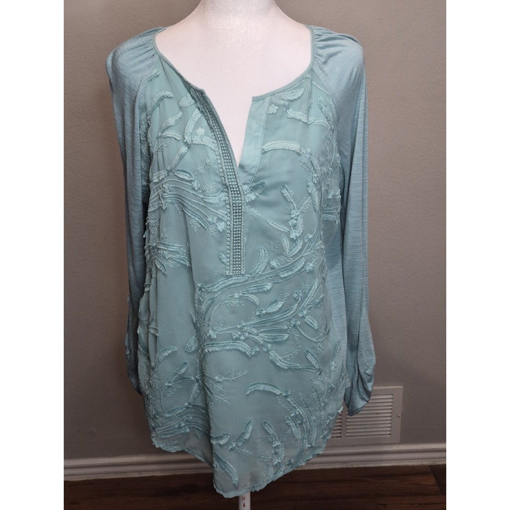 Anthropologie TINY Alma Henley Top L Seafoam Embroidered Boho Roll Tab Blouse